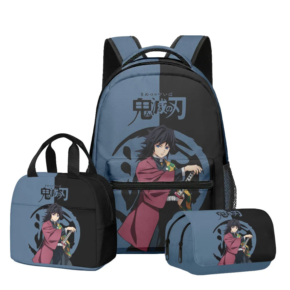 New Anime Peripheral Demon Slayer 3D School Backpack Lunch Bag Pencil Case 3-Piece Set Printed Holiday Gift for Students Gift