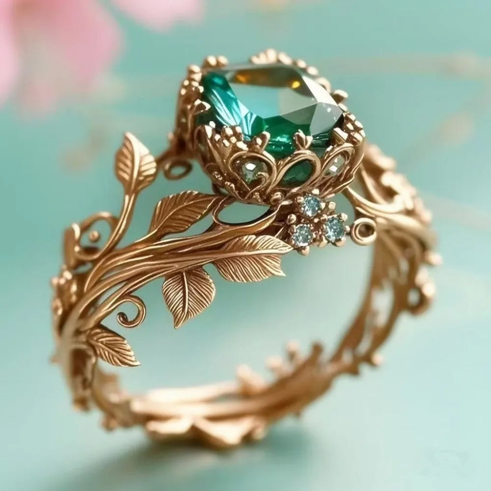Temperament Retro Green Crystal Hollowed-out Totem Vine Leaves Rings Women's Creative Charm Stainless Steel Finger Jewelry Gift