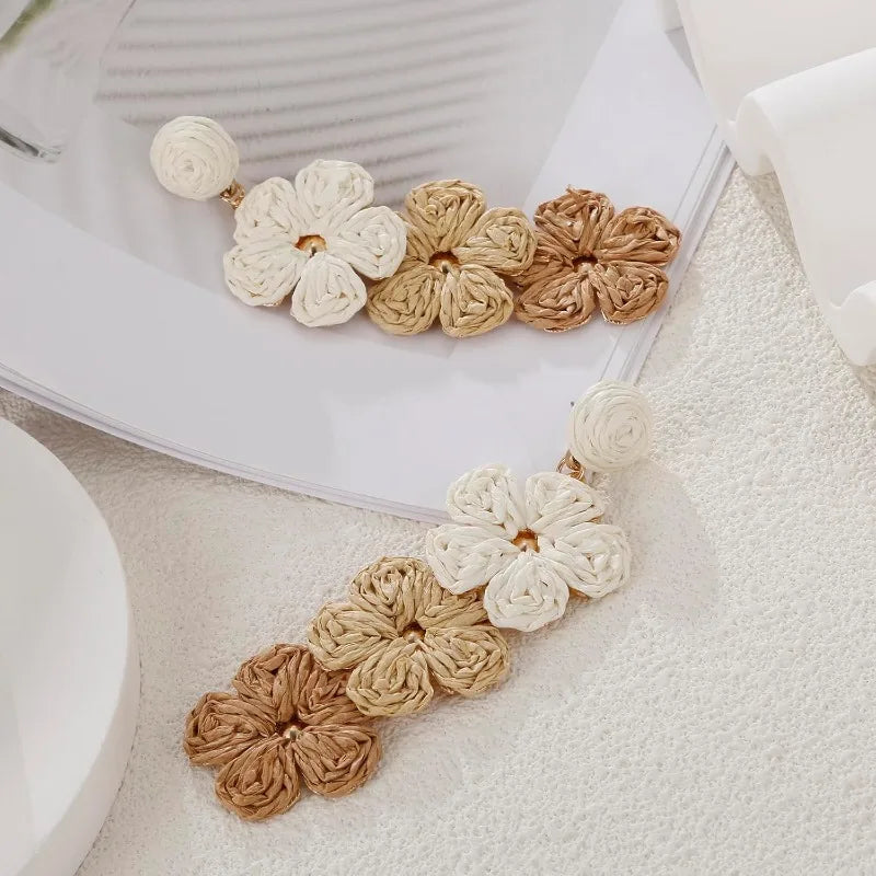 Raffia Flower Earrings for Women Mom, Raffia Straw Wrapped Flower Drop Dangle Earrings Summer Tropical Beach Jewelry Gifts