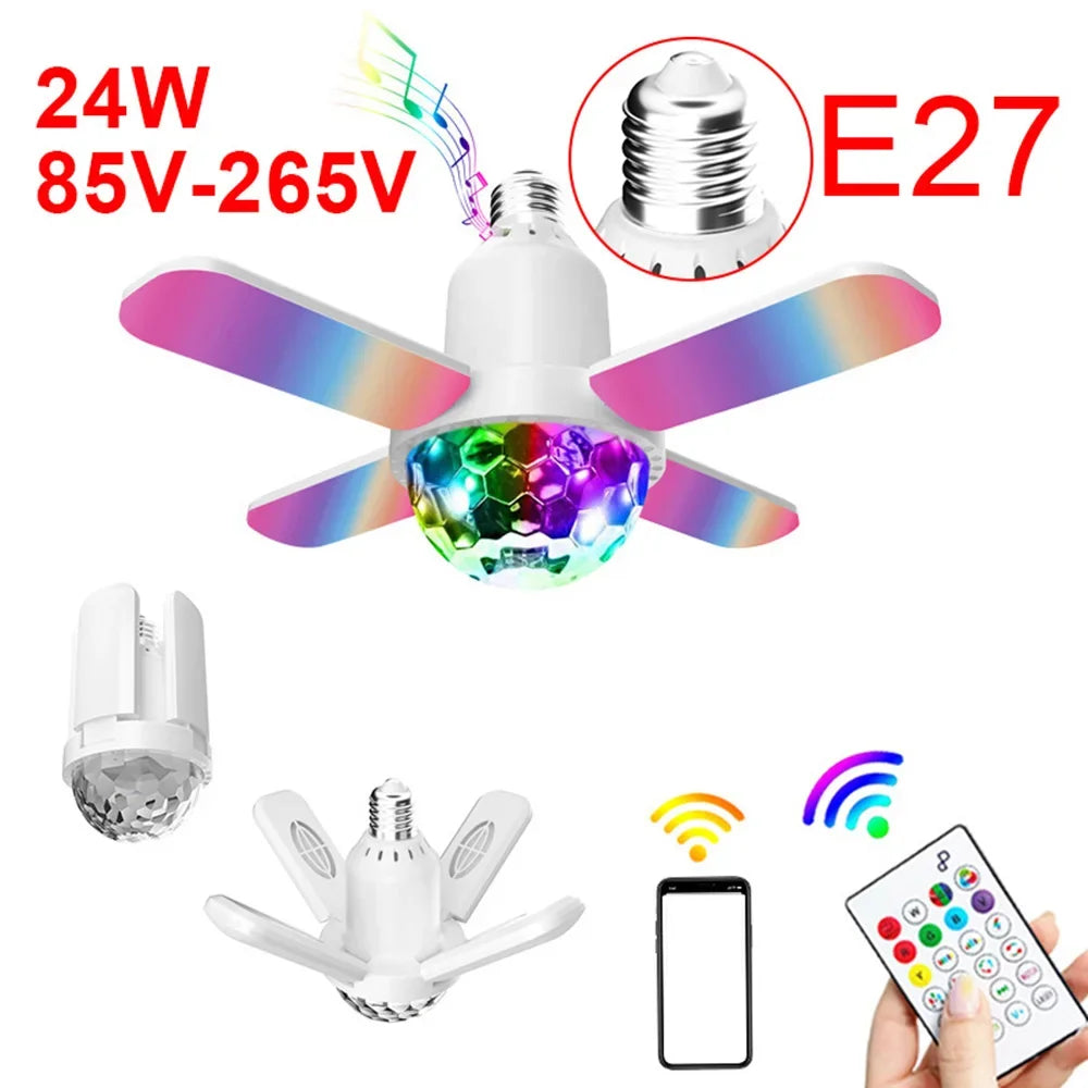 E27 LED Bulb Fan Four-leaf Blade Music Lamp Bluetooth Speaker Foldable LED Light Bulb Ceiling Light With Remote Controller