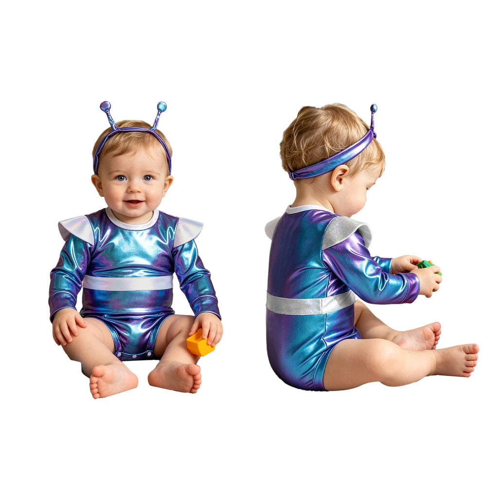 Little Boys Girls Halloween Theme Party Metallic Shiny Alien Rompers Space Robot Astronaut Dress Up Jumpsuit Photography Costume