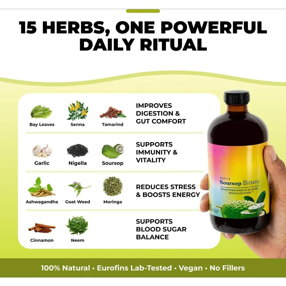 Soursop Bitters Liquid Supplement,Black Seed Moringa Irish Moss Drops for Gut Digestive Wellness Immune Support 473ml Bottle