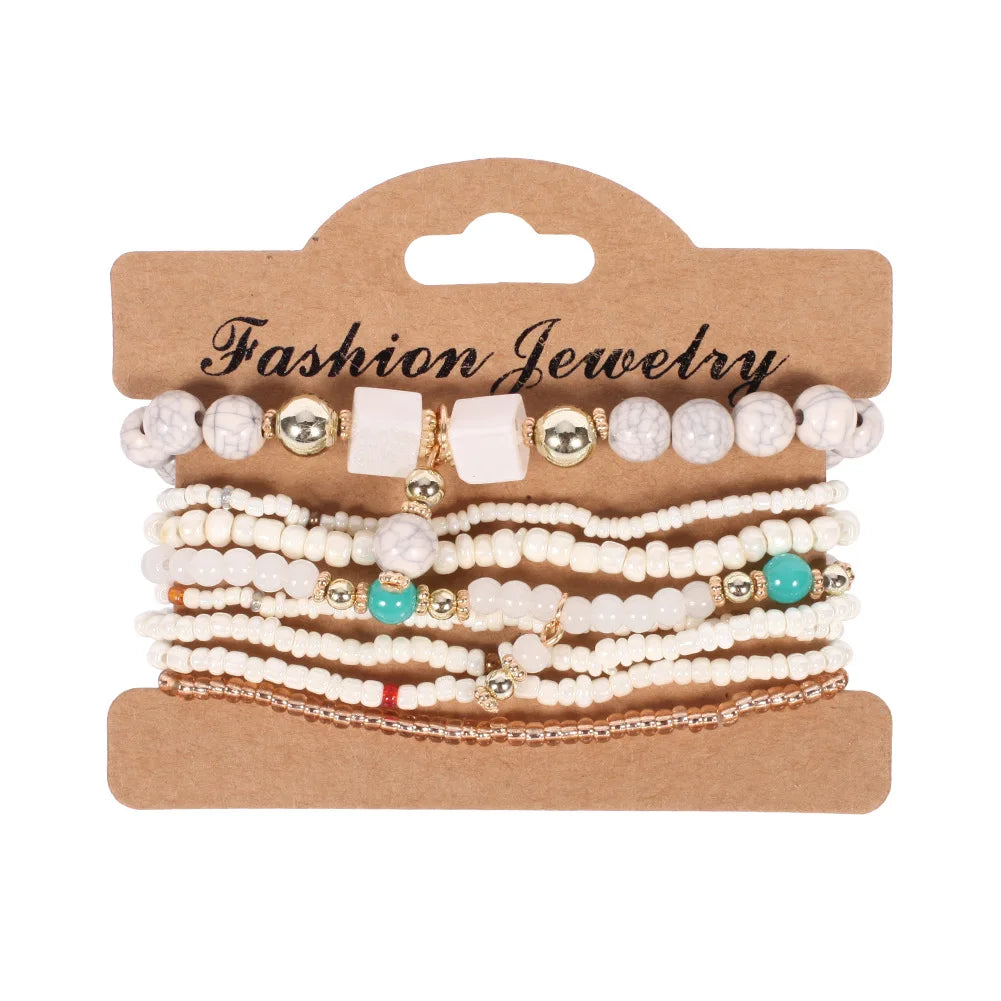 4Pcs/set Bohemia Wood Beads Chain Bracelet Set For Women Tree Of Life Charm Rose Flower Handmade Bangle Girls Boho Jewelry