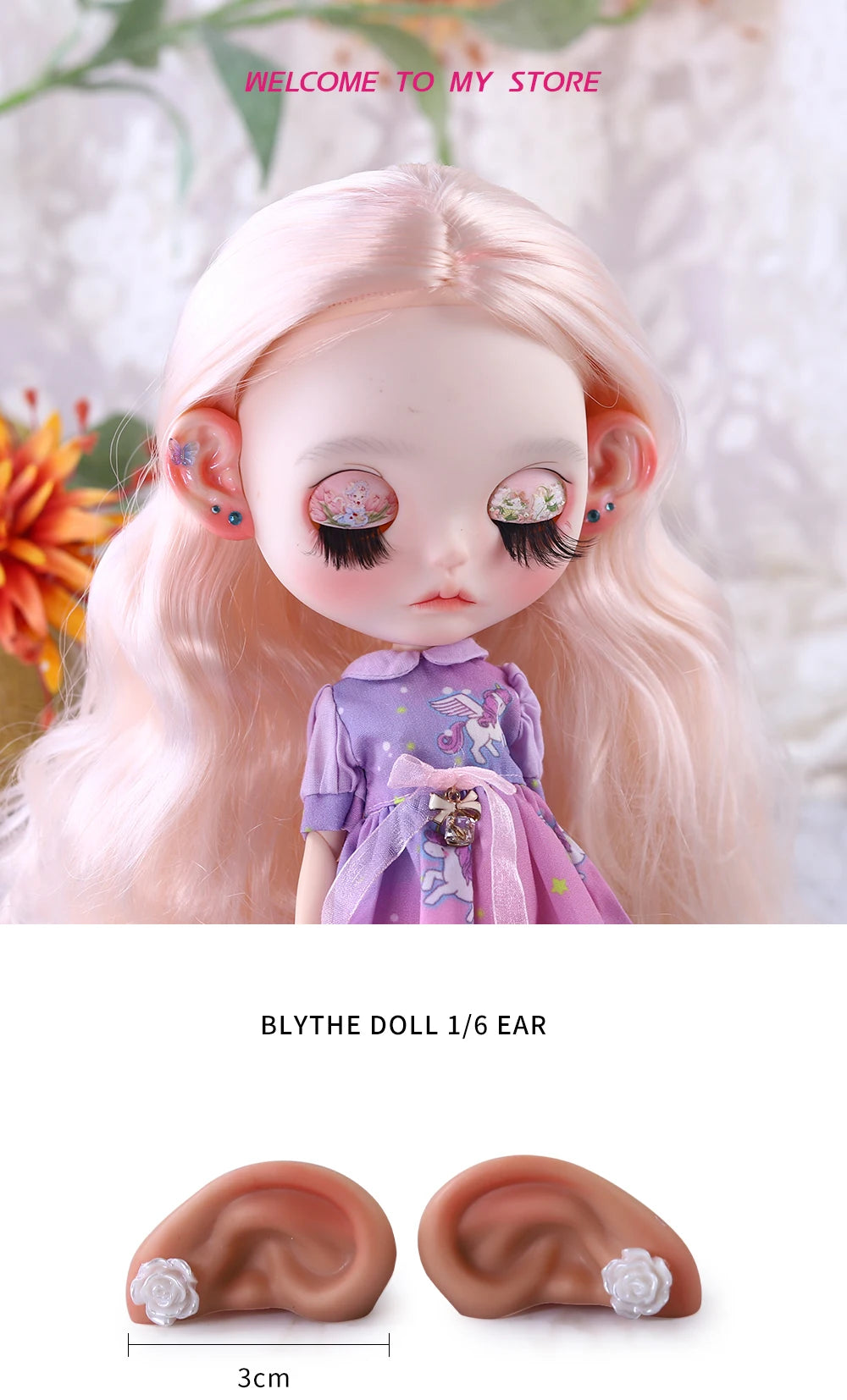 Blyth 1/6 Doll Ear: Hand-painted Ears with Rhinestone Texture and Openwork Design DIY Accessories for 30 cm Dolls