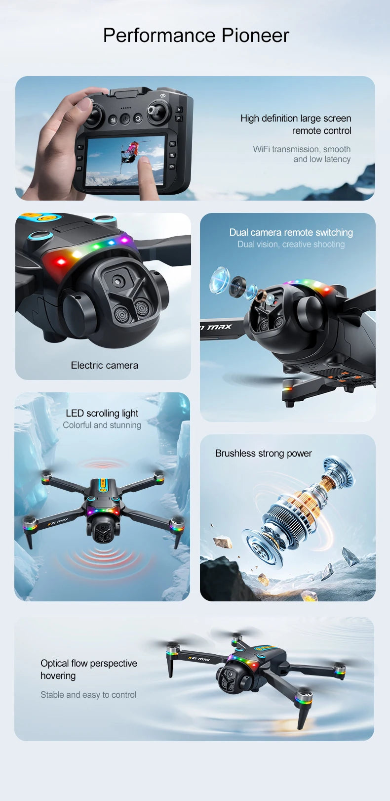 The K21MAX Drone, Equipped with a 4.3-Inch Built-in Screen Remote Controller, Is a Portable Remote-Controlled Quadcopter Suitable for Beginners. It Supports Optical Flow Hovering, Automatic Return-to-Home, and Makes a Great H