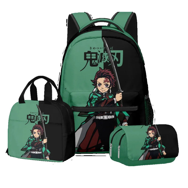 New Anime Peripheral Demon Slayer 3D School Backpack Lunch Bag Pencil Case 3-Piece Set Printed Holiday Gift for Students Gift