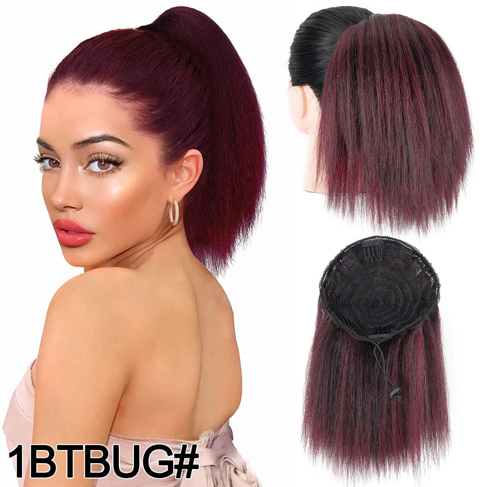 10Inch Kinky Straight Ponytail Afro Puff Yaki Straight Drawstring Ponytail Extension For Black Women Synthetic False Ponytail