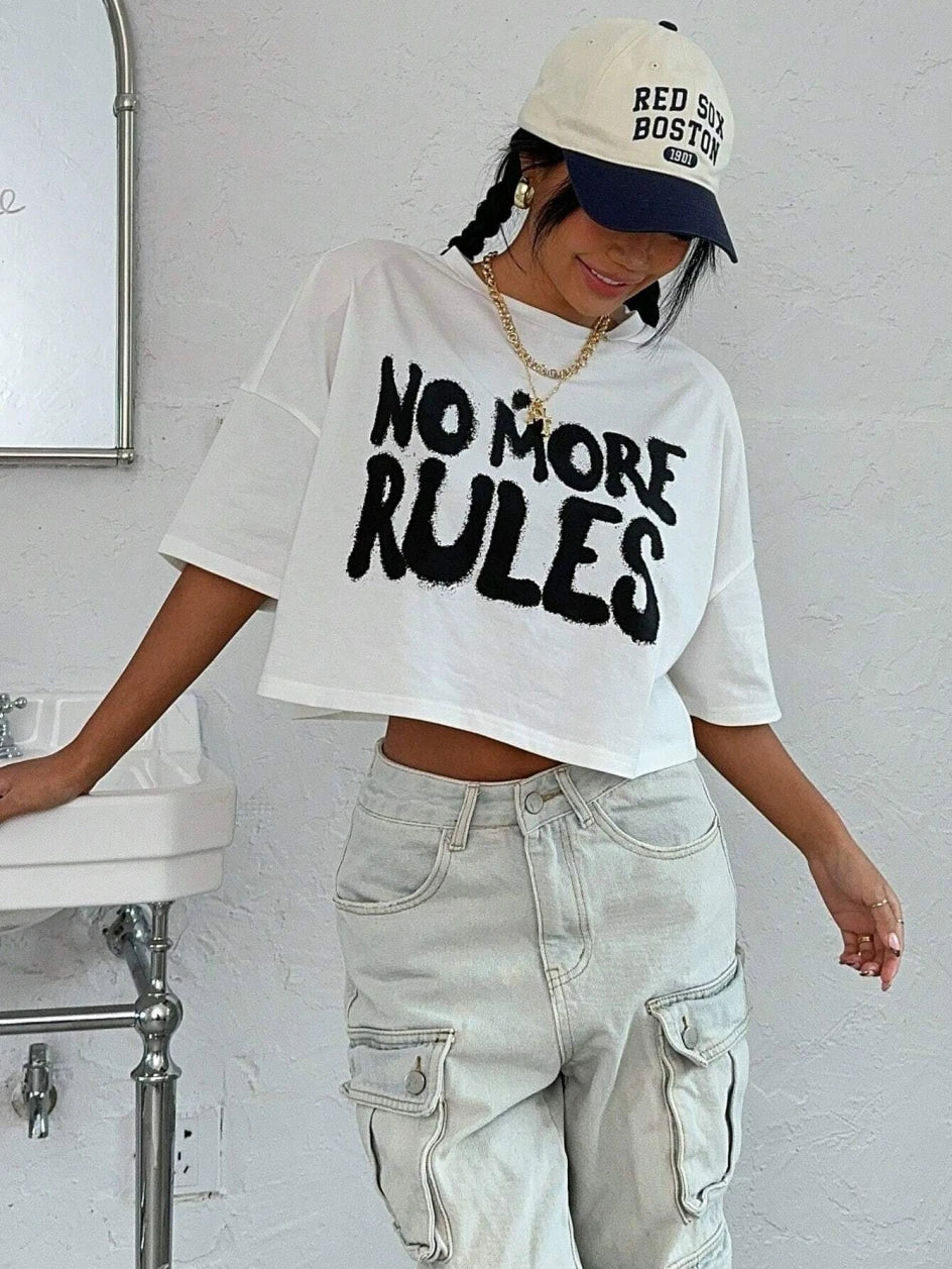 100% Cotton Women Crop T-shirts No More Rules Letter Prints Tops O-Neck Short Sleeves Tees Summer Fashion Street Female Clothing