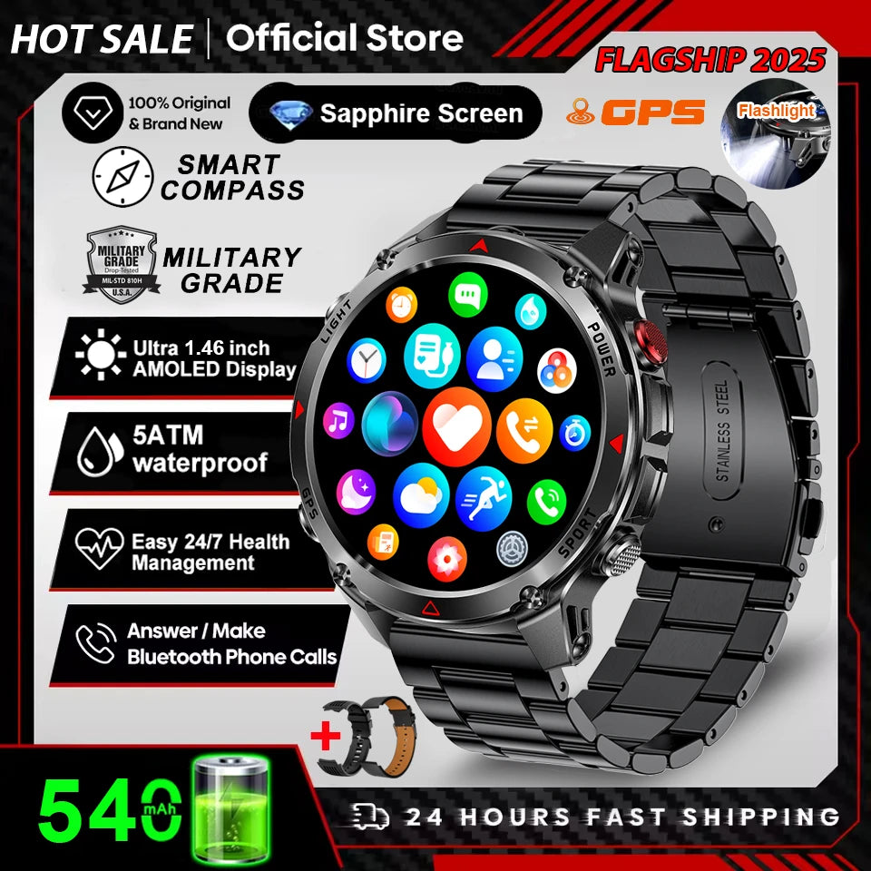 2025 New Military Bluetooth Call Smart Watch Built-in GPS Compass Barometric Altimeter 3ATM Waterproof Sports Smartwatches Men