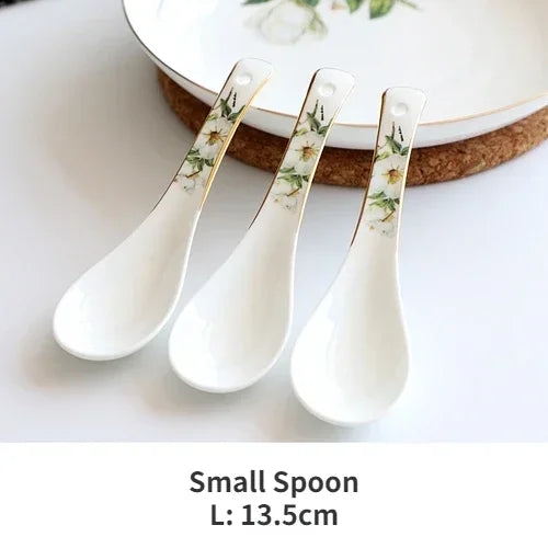 Bone China Dinnerware, Household Ceramic Rice Bowl, Deep Dishes, Soup Pots, Steak Flat Plate, Delicate Floral Tableware