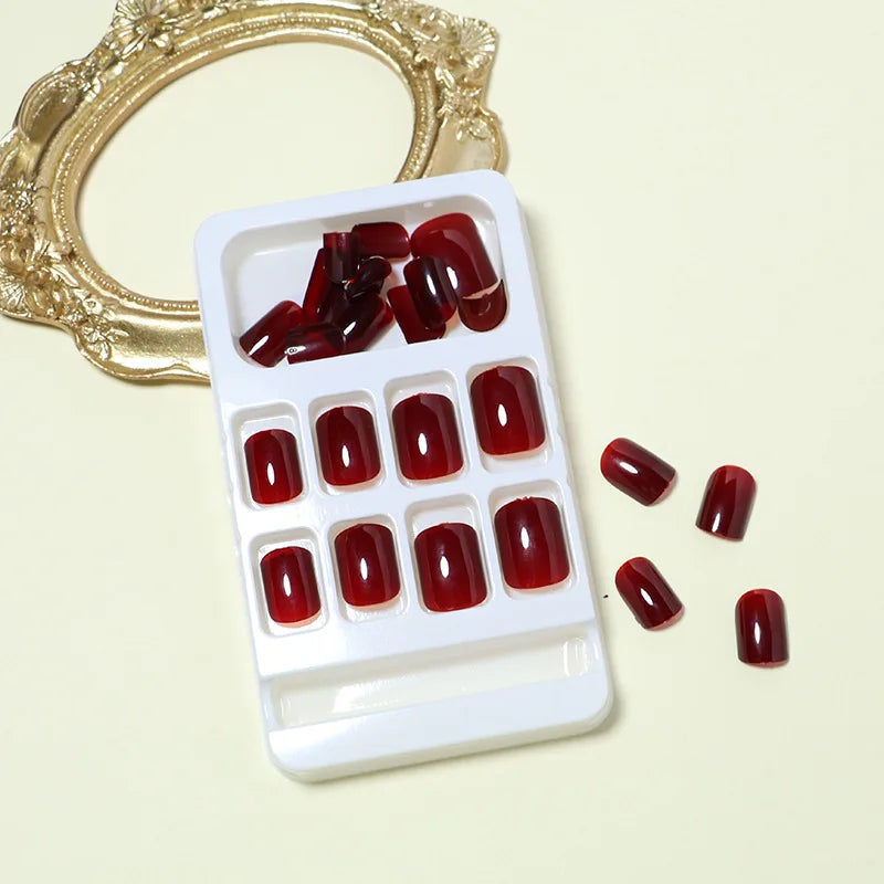 24Pcs Solid Color Wine Red Design Press on Nail Short Square False Nails Simple Detachable Finished Full Cover Nail Tips