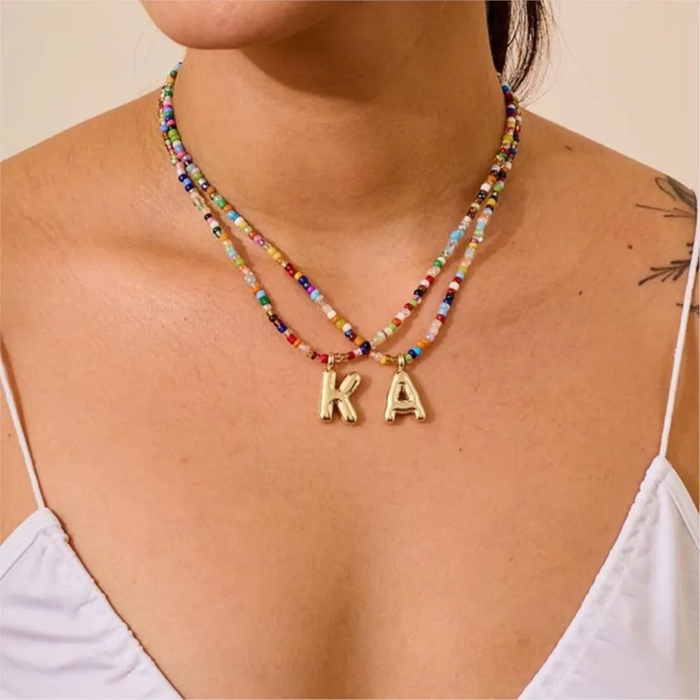Initial 26 Letter Colorful Beaded Pendant Necklace for Women Vintage Boho Choke Collares Trendy All-match & Exquisite Jewelry