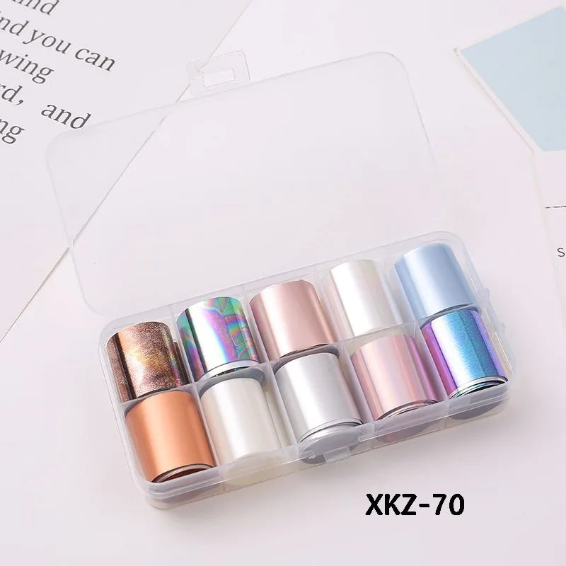 10 Rolls/ Box Charm Nail Foils Polish Stickers Metal Color Starry Paper Transfer Foil Wraps Adhesive Decals Nail Art Decorations