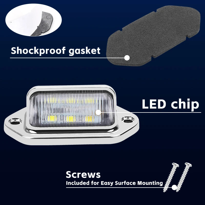 Universal Chrome LED Number Plate Light 12V 24V Rear Brake Light License Taillight for Cars Truck Wagon Van RV Motorcycle 6 Leds