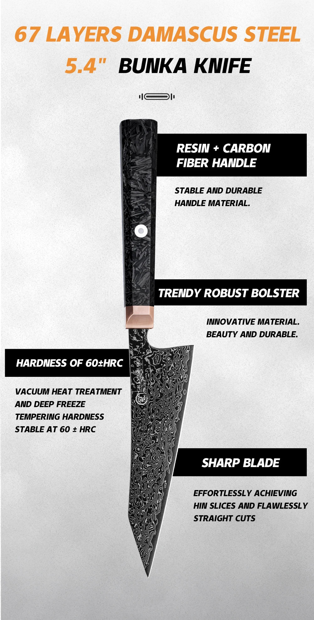 Grandsharp 5.4 Inch Bunka Knife 67 layers Damascus Steel Sharp Blade Kitchen Tool Cook Knives Meat Slicer Cooking Cutter
