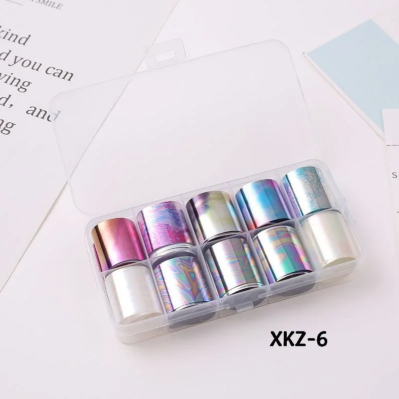 10 Rolls/ Box Charm Nail Foils Polish Stickers Metal Color Starry Paper Transfer Foil Wraps Adhesive Decals Nail Art Decorations