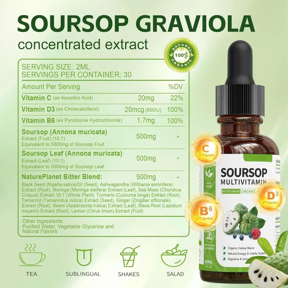 Soursop Liquid Drops Herbal Extract Plant Based Supplement with Soursop Fruit and Leaf Blend Daily Wellness Formula Vegan