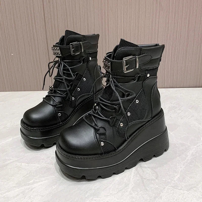 2025 New Design Women Punk Gothic Motorcycle Boots Platform Chunky High Heel Ankle Boot Ladies Cool Wedge Black Female Shoes