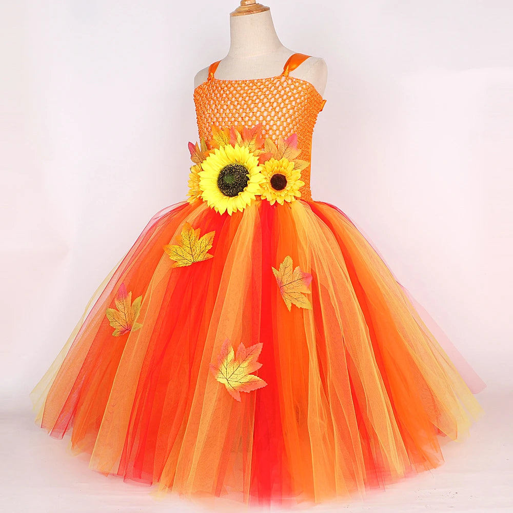 Maple Leaf Sunflower Fairy Costumes Girls Fall Autumn Long Tutu Dress for Kids Thanksgiving Halloween Fancy Outfit with Wings
