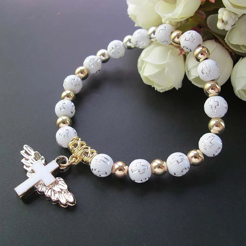 Fashion Acrylic Beaded Bangles Bracelet With Angel Wings Cross Pendant For Women Men Wristbands Lucky Jewelry Gifts