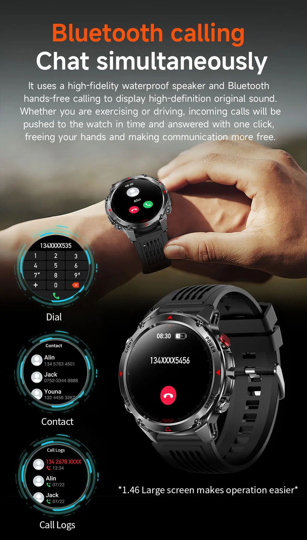 2025 New Military Bluetooth Call Smart Watch Built-in GPS Compass Barometric Altimeter 3ATM Waterproof Sports Smartwatches Men