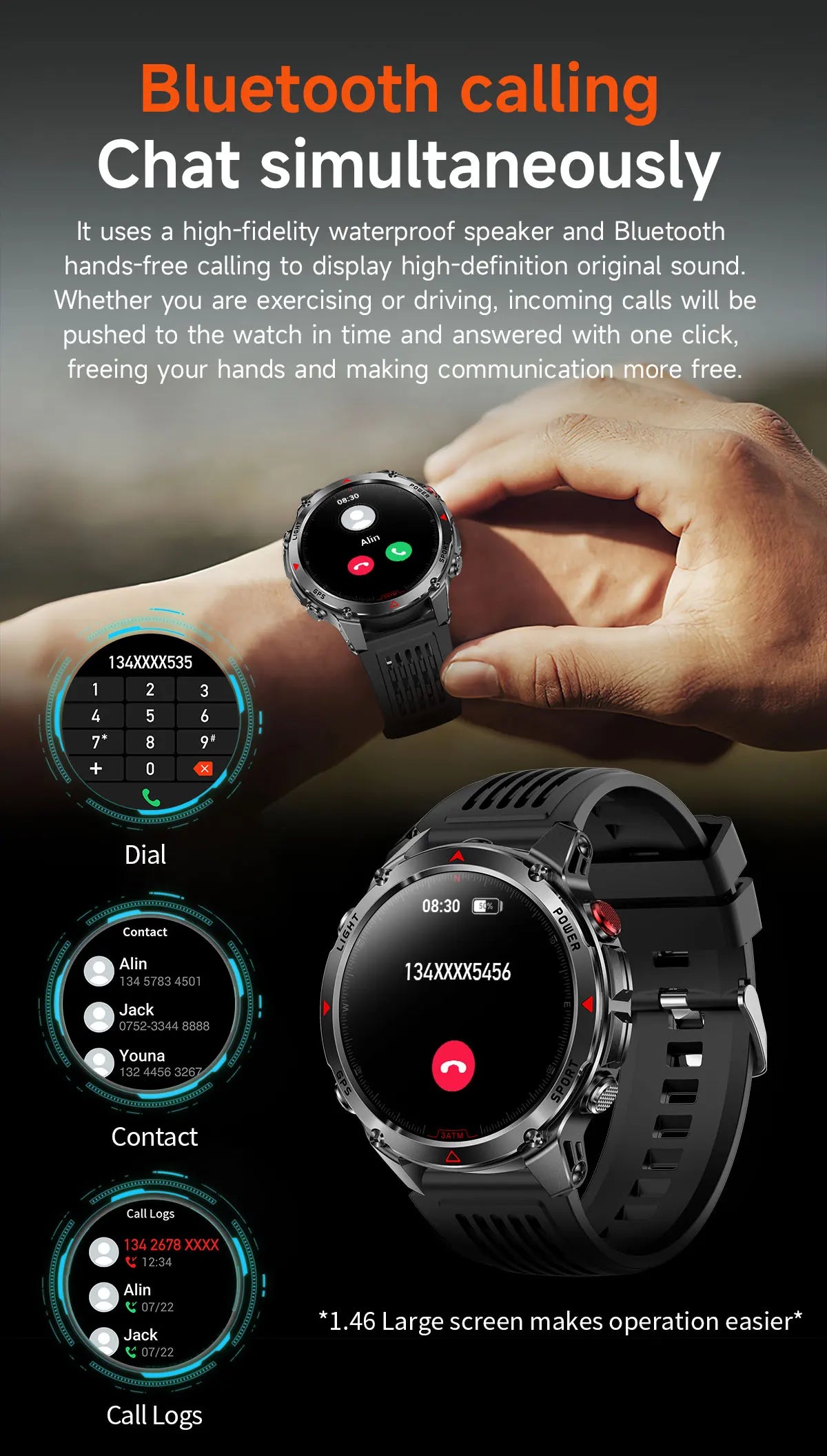 2025 New Military Bluetooth Call Smart Watch Built-in GPS Compass Barometric Altimeter 3ATM Waterproof Sports Smartwatches Men