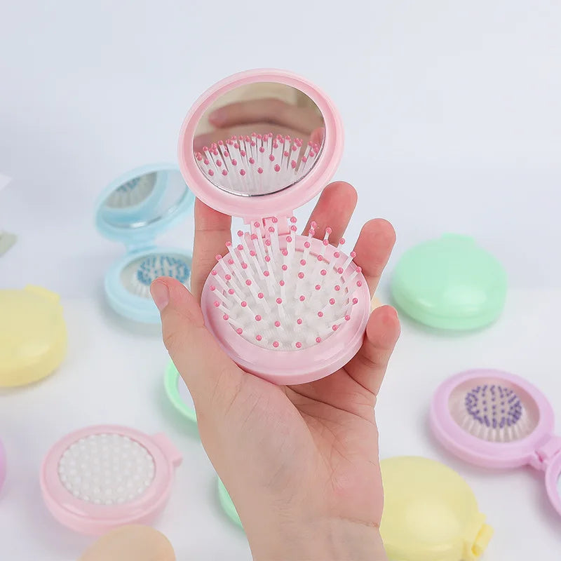 Mini Pocket Mirror Folding Comb Girl Women Portable Round Pocket Small Travel Massage Hair Brush with Mirror Styling Accessories