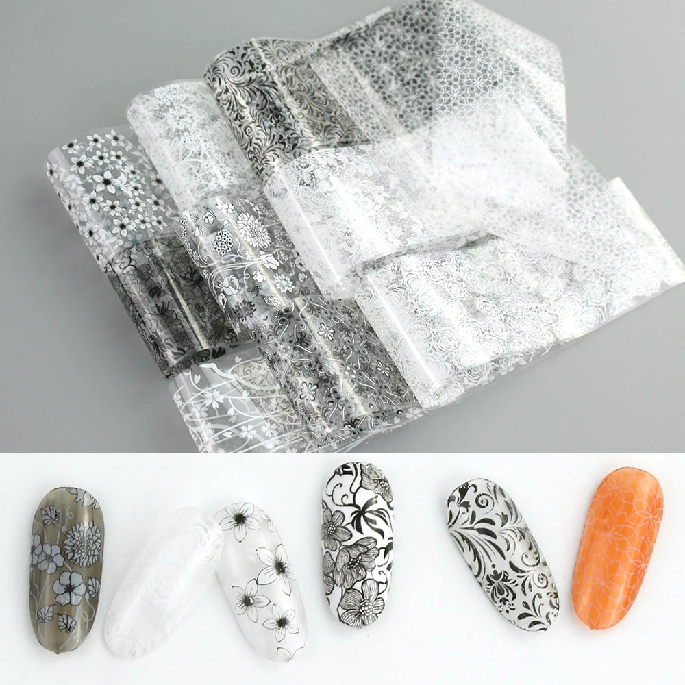 10Pcs Nail Art Foil Transfer Decal Set Holographic Nails Stickers Vintage Lace Mix Design DIY Manicure Decoration Wraps