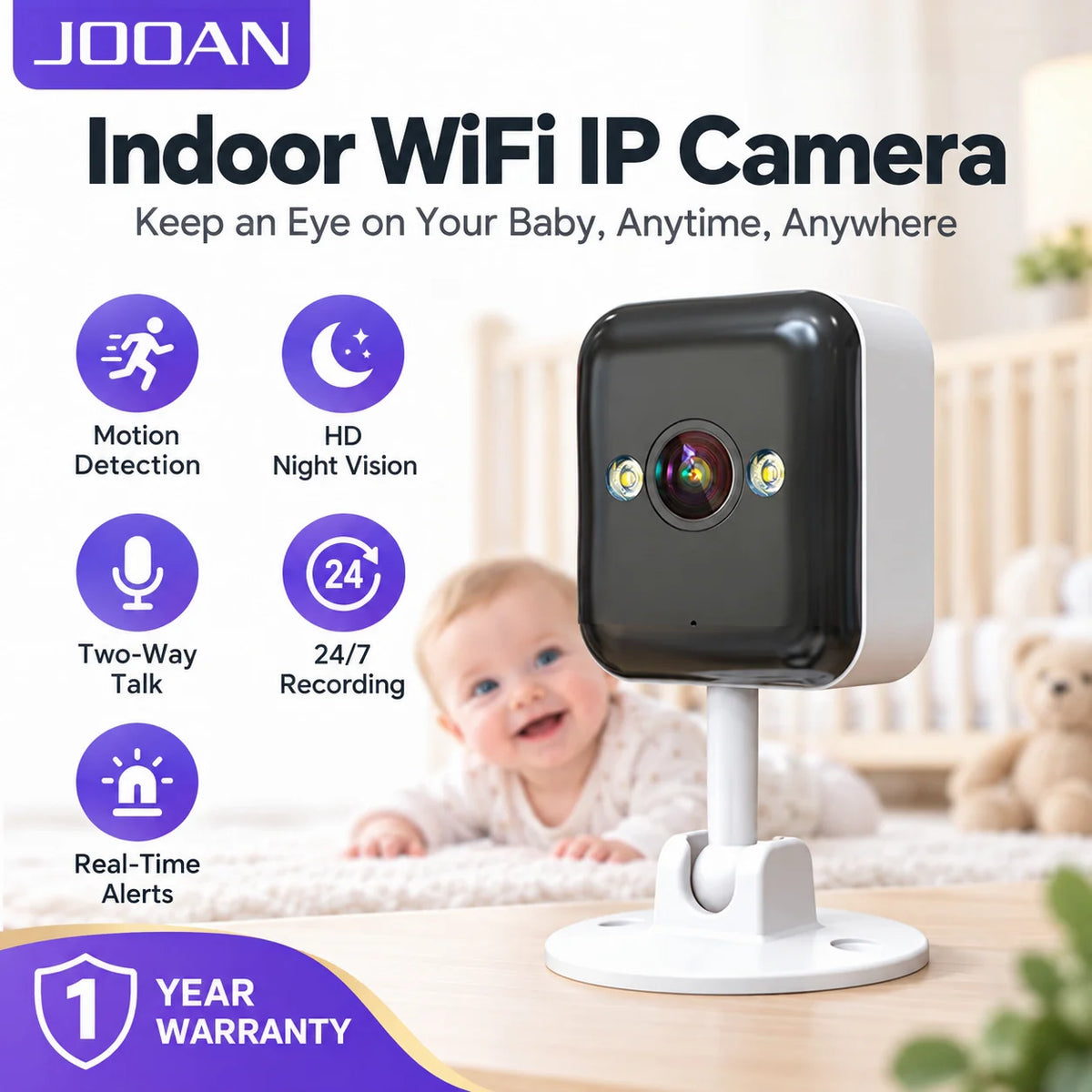 JOOAN 3MP Wifi Security Camera Indoor 5X Zoom Moiton Detection HD Night Vision Smart Home IP Camera for Baby & Pet