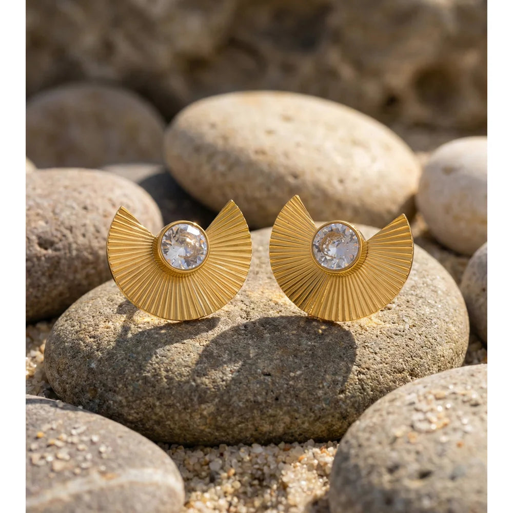 Yhpup Stainless Steel Cubic Zirconia Fan Stud Earrings  for All Occasions 18K Gold Color PVD Plated Delicate Jewelry Waterproof