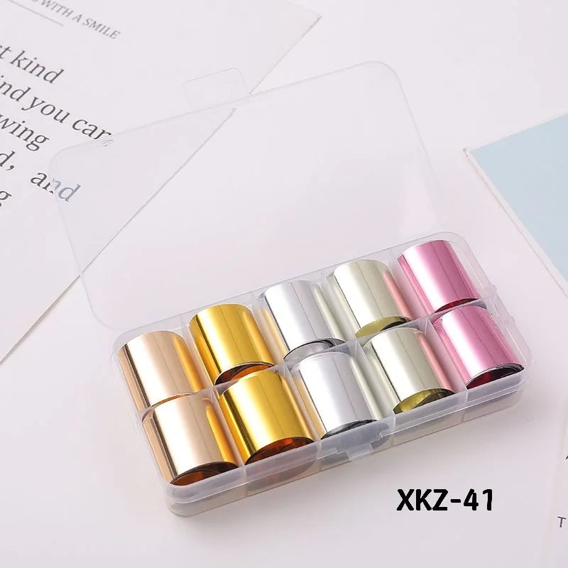 10 Rolls/ Box Charm Nail Foils Polish Stickers Metal Color Starry Paper Transfer Foil Wraps Adhesive Decals Nail Art Decorations
