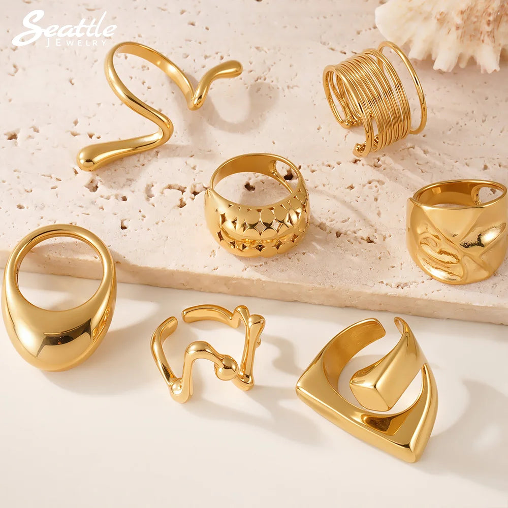 Multi-style Waterproof Gold Color Silver Chunky Ring Women's Geometric 316 Stainless Steel Ring Femme Finger Fashion Jewelry