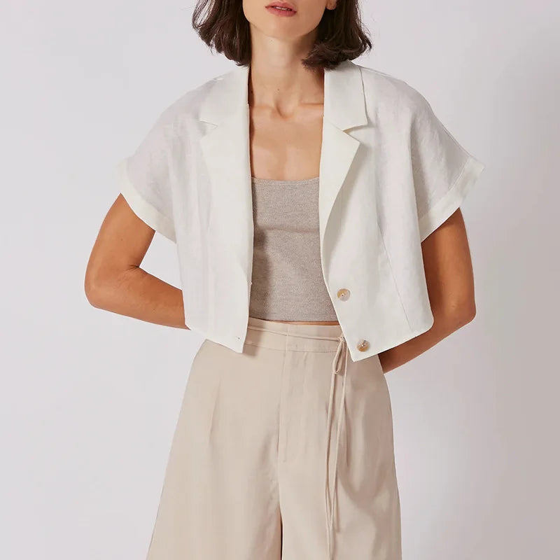 100% Linen Women's Shirt Vintage Notched Collar Short Sleeve Button Up Shirts Elegant Fashion Woman Blouses 2026 Blusas Feminina