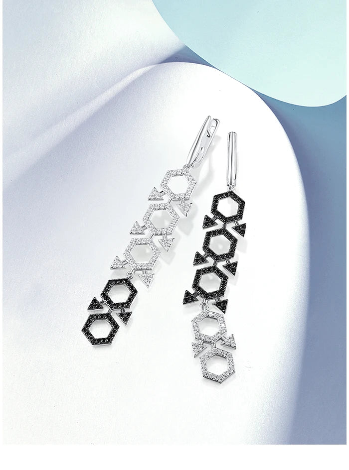 SANTUZZA Pure 925 Sterling Silver Earrings For Women Sparkling White CZ Black Spinel Geometric Long Dangling Fine Trend Jewelry