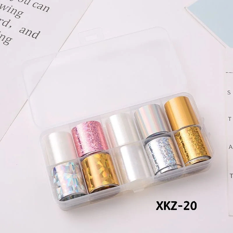 10 Rolls/ Box Charm Nail Foils Polish Stickers Metal Color Starry Paper Transfer Foil Wraps Adhesive Decals Nail Art Decorations