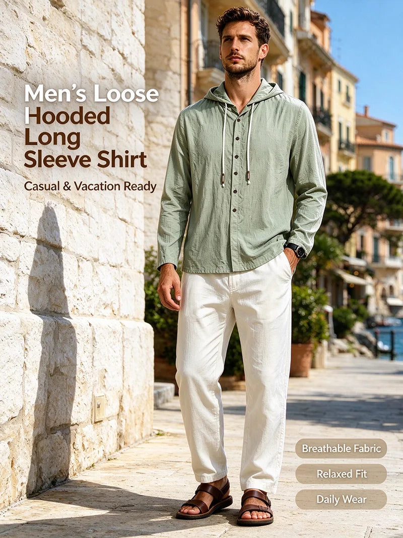 2026 New Men Linen Hooded Long Sleeve Shirt Drawstring Hood Casual Beach Vacation Travel Daily Walking Button Down Blouse