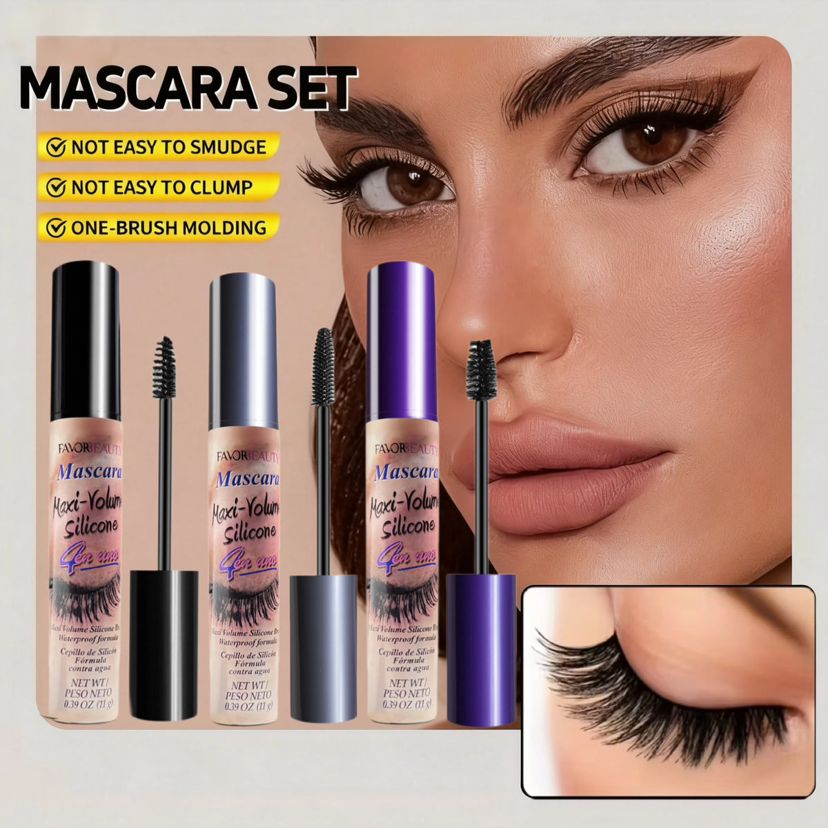 3-Pack Volumizing Mascara Set Includes Three Different Brush Heads, Waterproof, Long-Lasting, Creates Thicker Lashes.