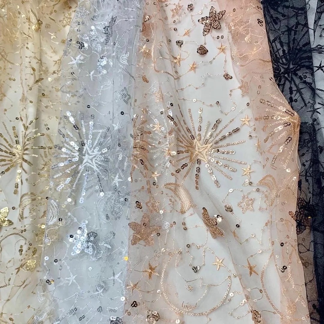 130cm wide Black/Apricot /Pink /Silver Sequins Embroidery Lace Fabric Star Moon Beads Embroid Fabric Sequin Dress Material X880