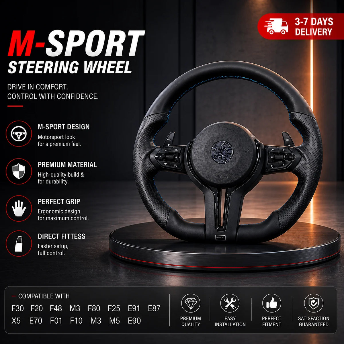 For M F30 F20 F48 M3 F80 F25 E90 E87 X5 E70 F01 F10 Steering Wheel Black Perforated Leather Sport Upgrade Modify Accessories