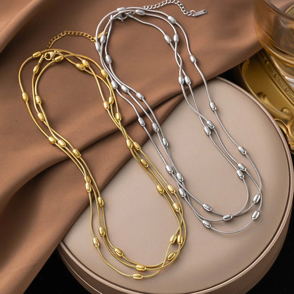 Personalized Design Gold Color Stainless Steel Multiple Layers Round Bead Bracelet for Women Charm Necklace Jewelry Set Gift