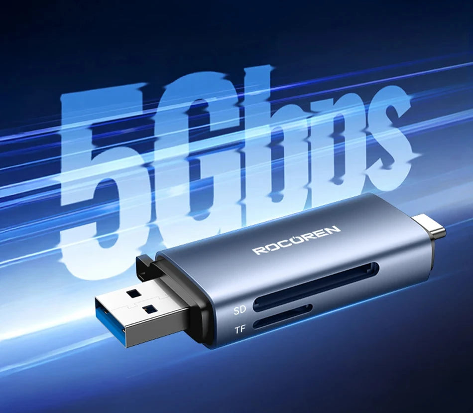 Rocoren Card Reader 2 in 1 USB 3.0 5Gbps USB A USB C Combined Design SD/TF Cards 2TB Smart Cardreader for Laptop Accessories