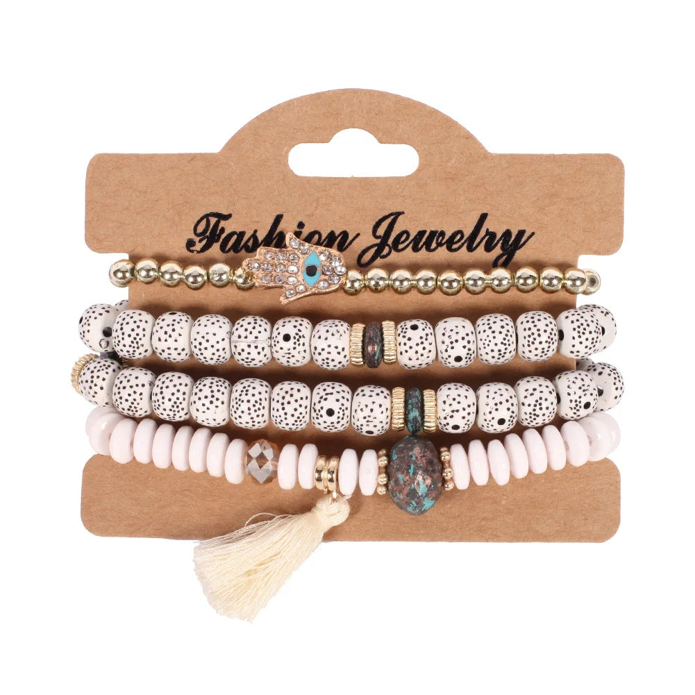 4Pcs/set Bohemia Wood Beads Chain Bracelet Set For Women Tree Of Life Charm Rose Flower Handmade Bangle Girls Boho Jewelry