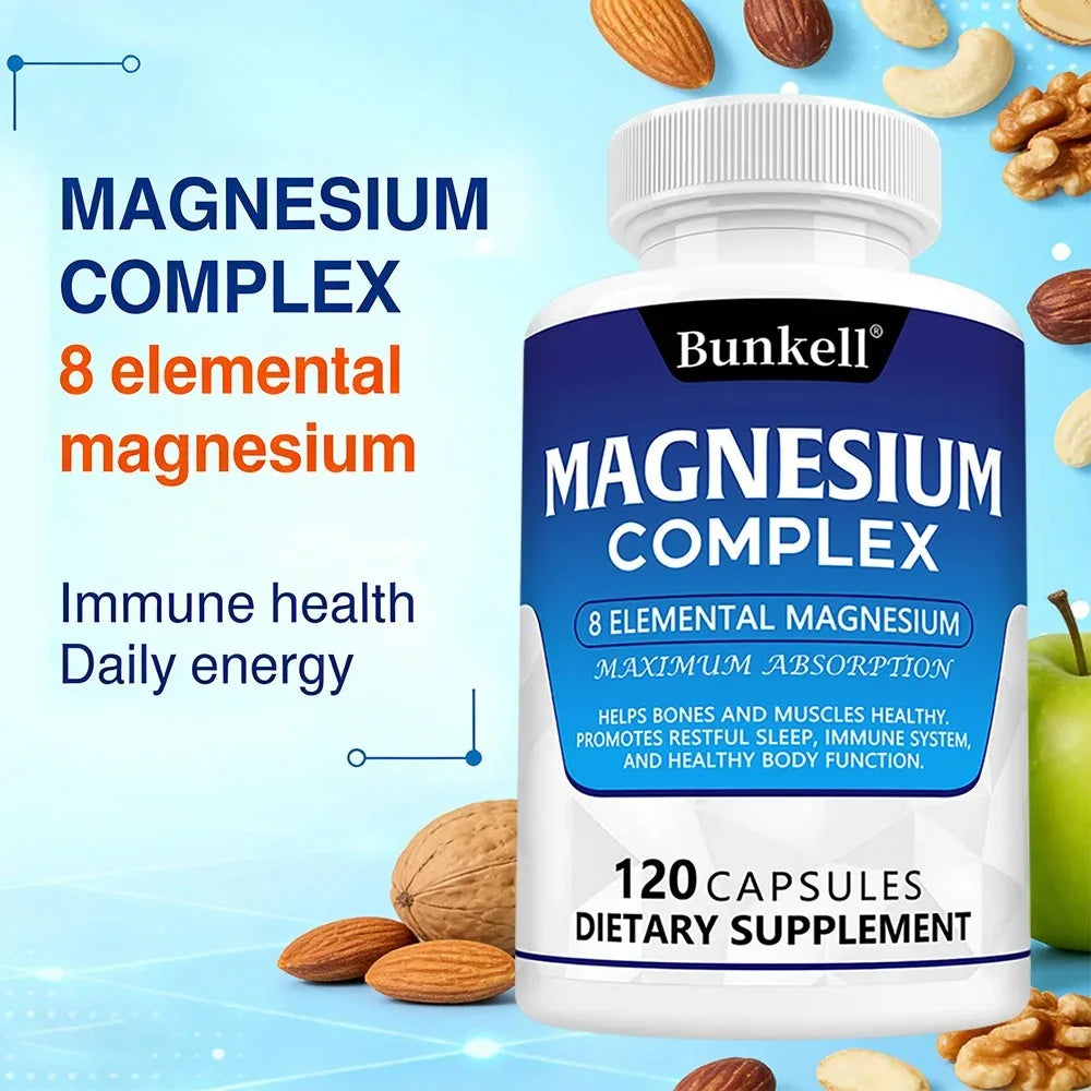 Magnesium Complex Supplement 8 Elemental 1000mg - for Bones, Muscle, Recovery, Energy, Vegan Non-GMO 120 Capsules