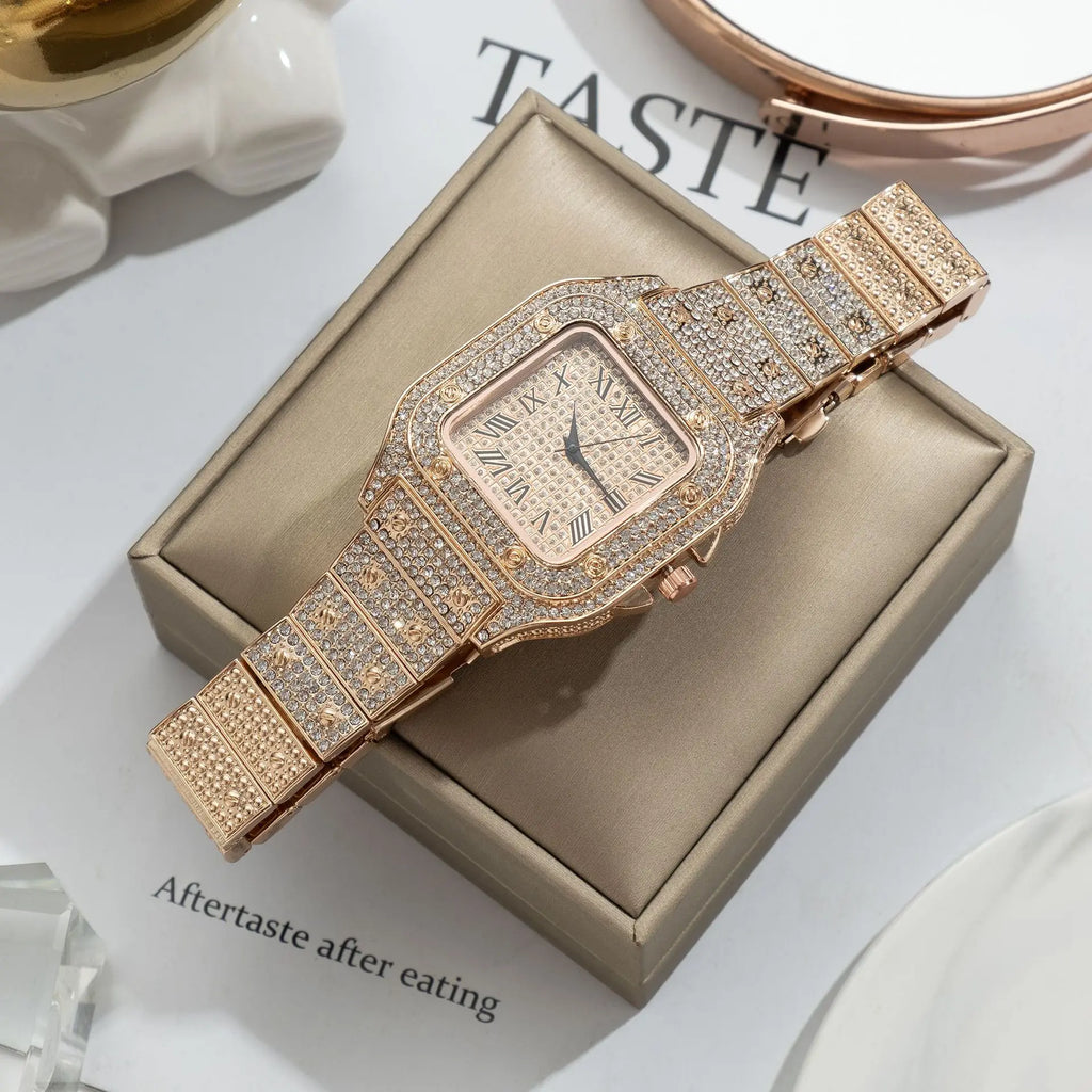 Men's Business Square Starry Sky Steel Belt Diamond-Inlaid European American Roman Fashion Quartz Wristwatch Gift