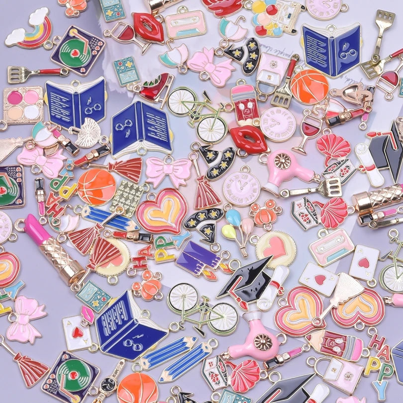 30/50/100PCS Mixed Gold Color Alloy Enamel Cute Heart Flower Fruit Charms Pendant For DIY Earrings Bracelet Jewelry Accessories