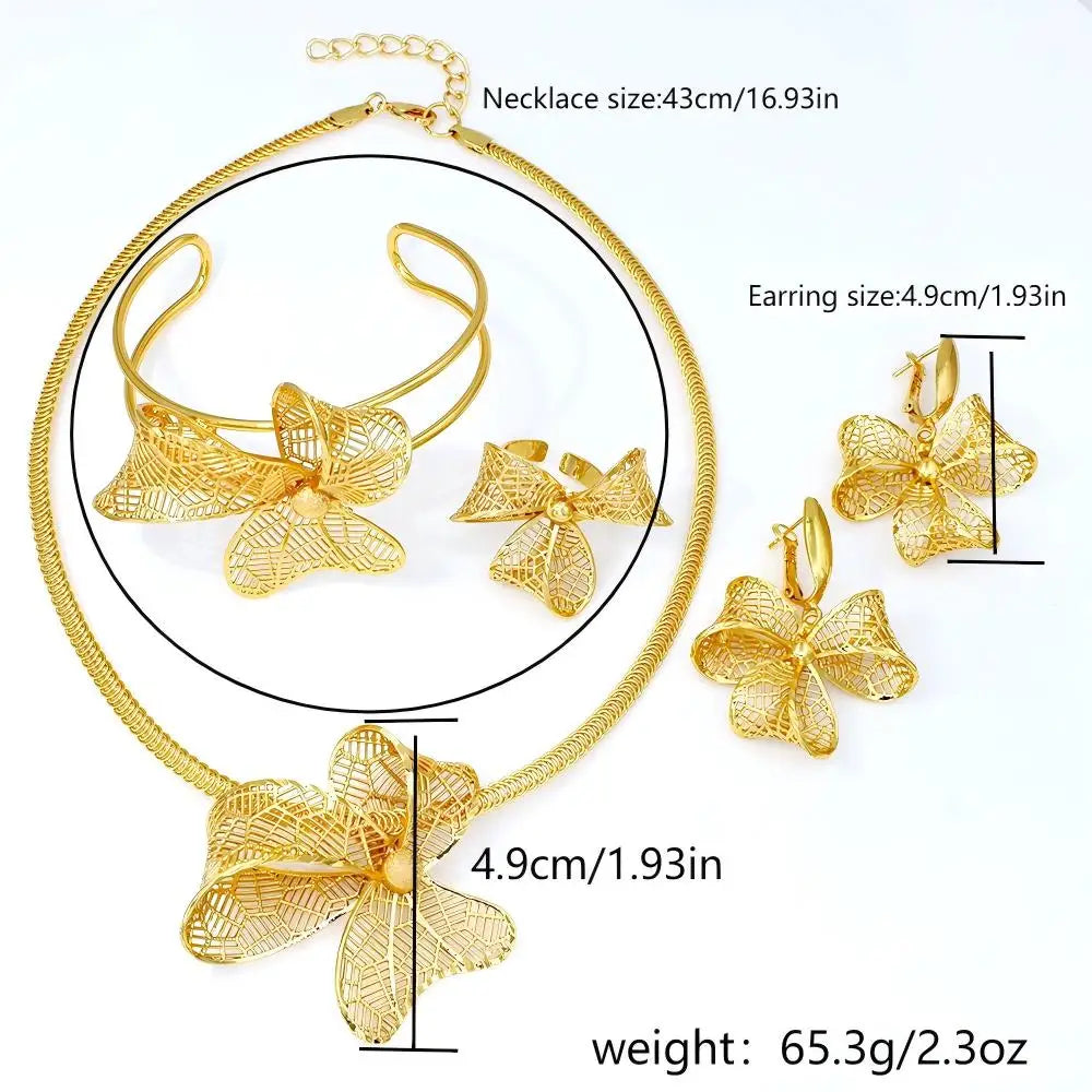 GZJPEI African Women's Bowknot Jewelry Set Gold Plated Necklace Earrings Bracelet Ring, Fashion 4PCS Jewelry Set For Women,