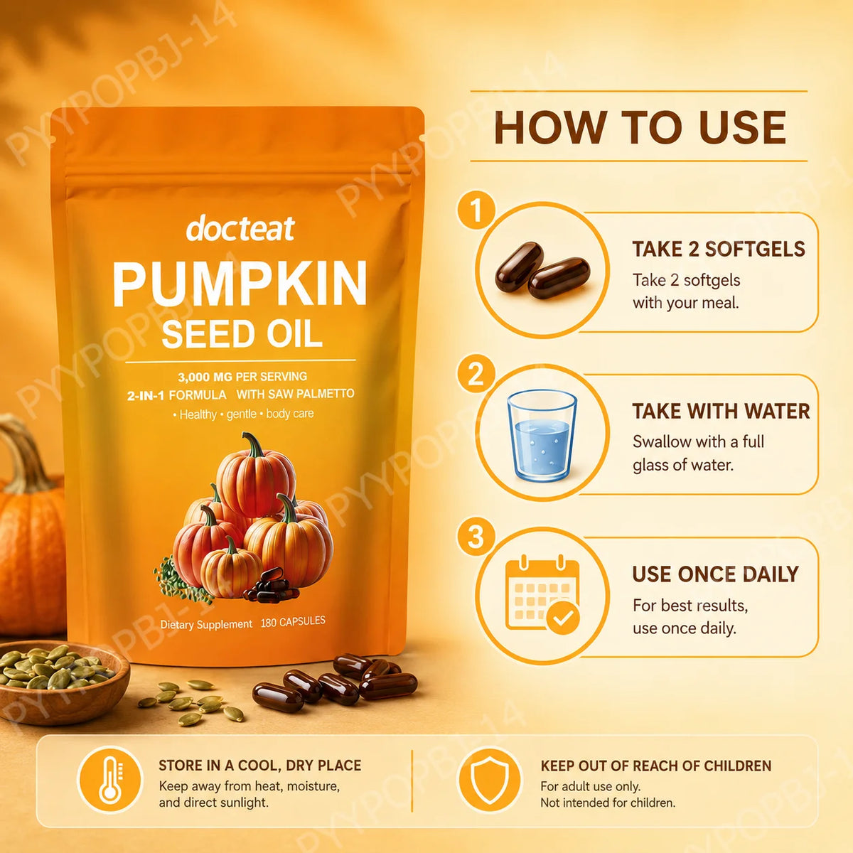 Docteat Pumpkin Seed Oil with Saw Palmetto Capsules 2-in-1 Formula for Prostate and Bladder Function Support, 180 Capsules