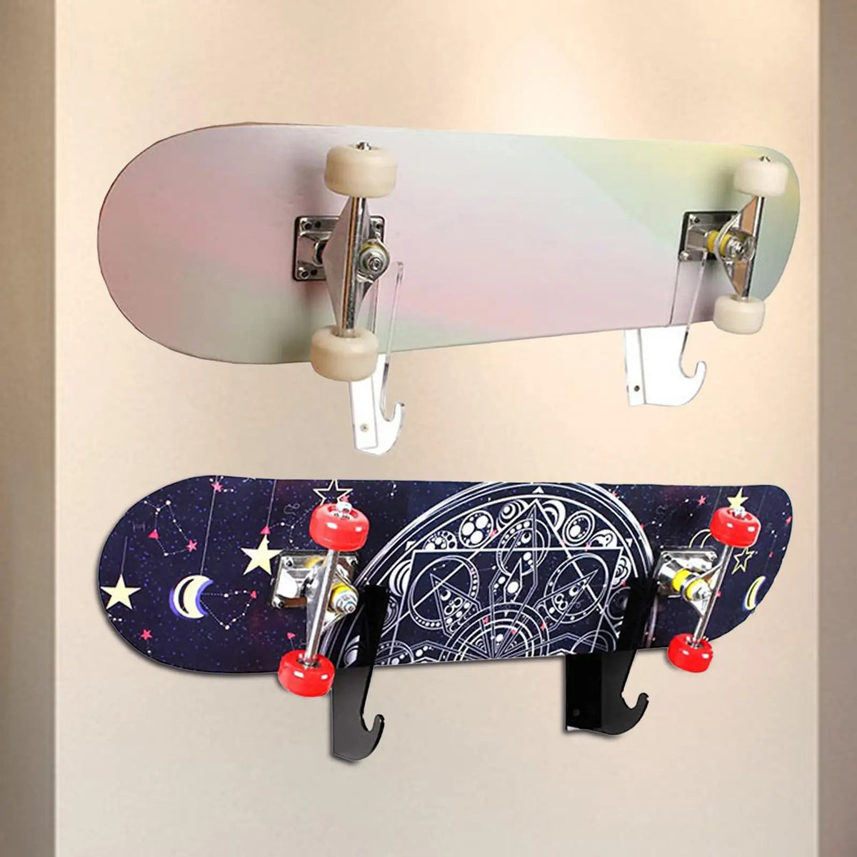 2Pcs Skateboard Wall Mount Organizer Rack Surfboard Acrylic Holder with Hanger Hook Skis Snowboard Stand for Longboard Display
