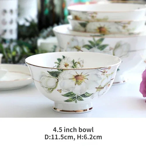 Bone China Dinnerware, Household Ceramic Rice Bowl, Deep Dishes, Soup Pots, Steak Flat Plate, Delicate Floral Tableware