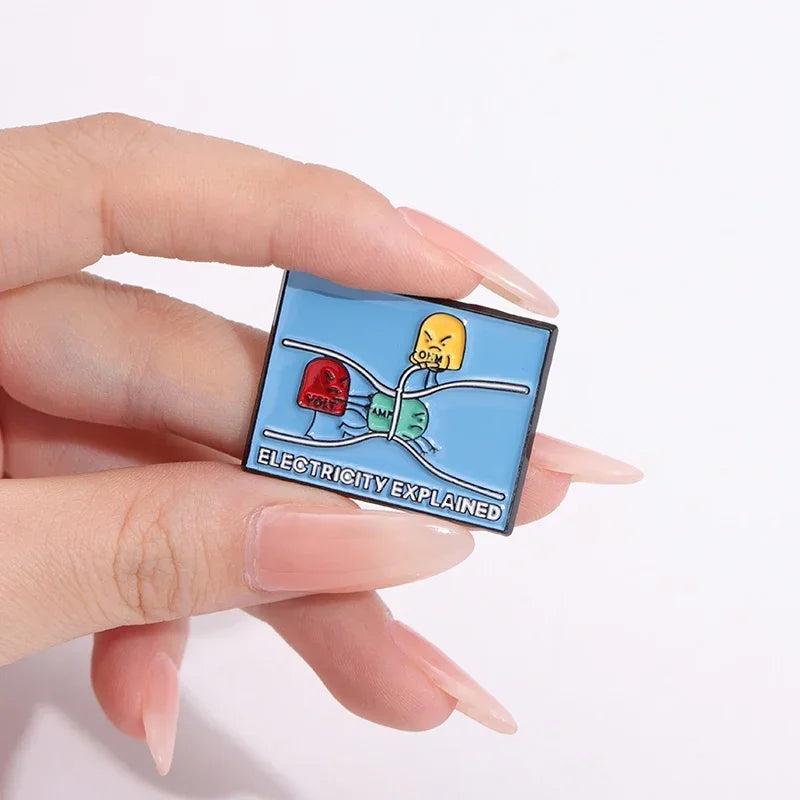 Funny Electricity Explained Enamel Pins Custom Electromagnetic Phenomena Brooches Lapel Badges Cartoon Jewelry Gift for Friends